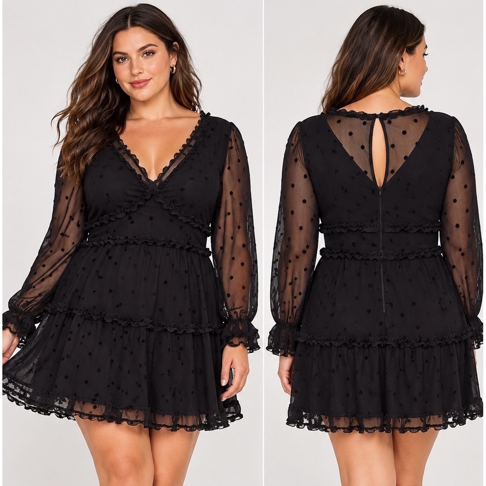 B Darlin Womens L XL Black Sheer Ruffle Mini Dress Whimsigoth Gothic Swiss Dot